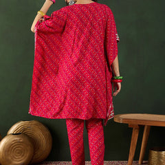 Red Bandhani Printed Regular Mirror Work Kaftan Kurta With Trouser