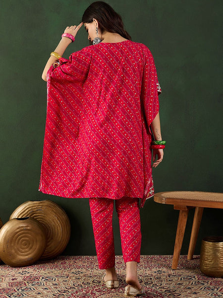 Red Bandhani Printed Regular Mirror Work Kaftan Kurta With Trouser