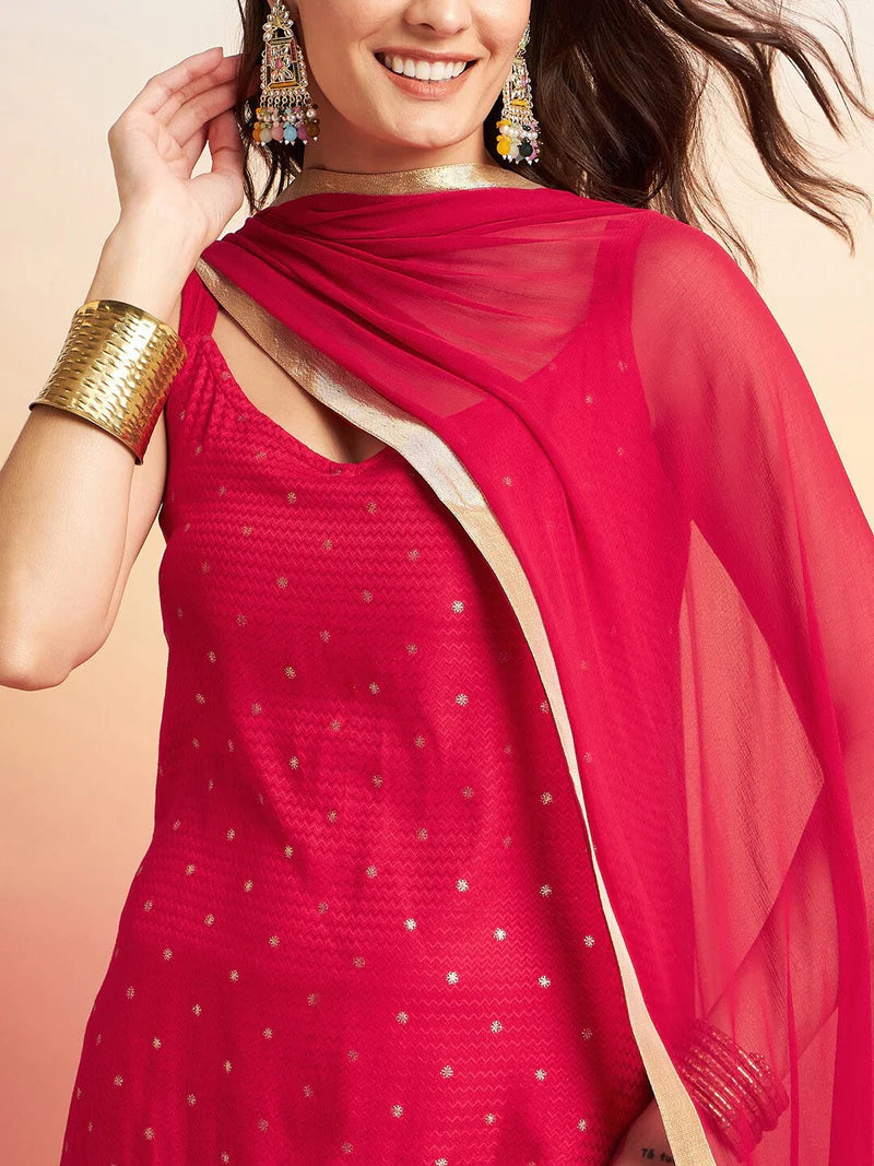 Printed Shoulder Strap Gotta Patti Kurta With Trousers & Dupatta