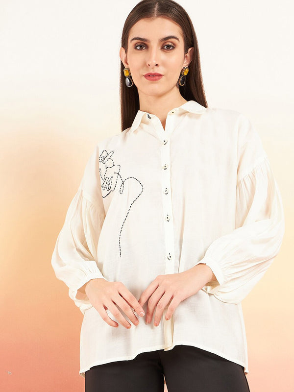 Embroidered Oversized Shirt Style Longline Top