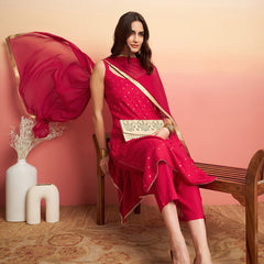 Embroidered Shoulder Straps Straight Kurta With Trousers & Dupatta