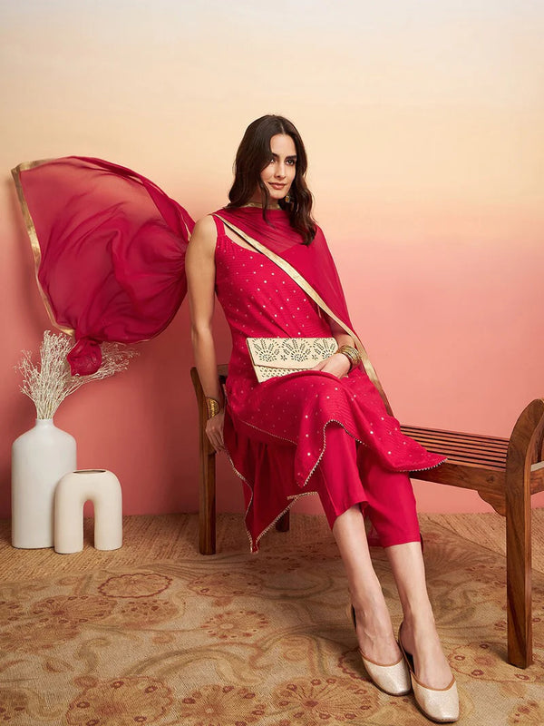 Printed Shoulder Strap Gotta Patti Kurta With Trousers & Dupatta