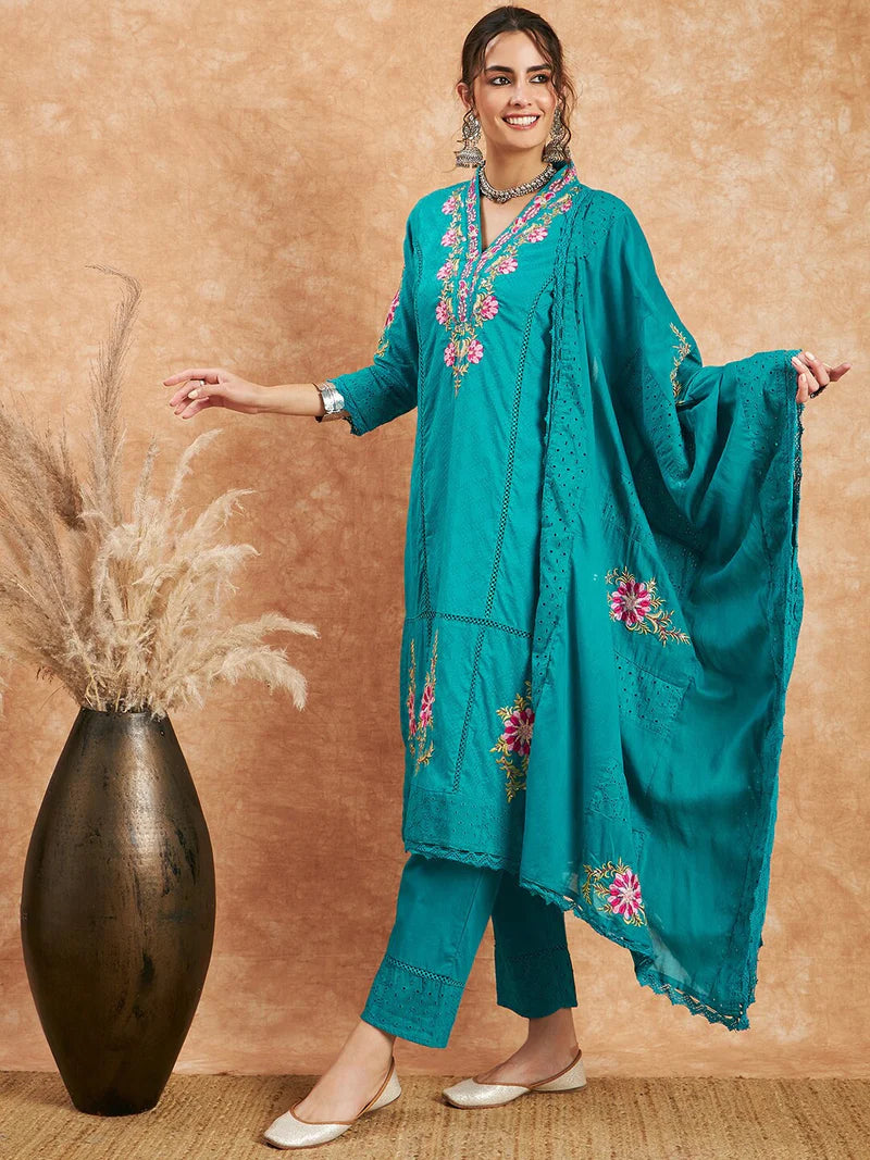 Floral Embroidered Pure Cotton Straight Kurta With Trouser & Dupatta