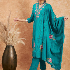 Floral Embroidered Pure Cotton Straight Kurta With Trouser & Dupatta