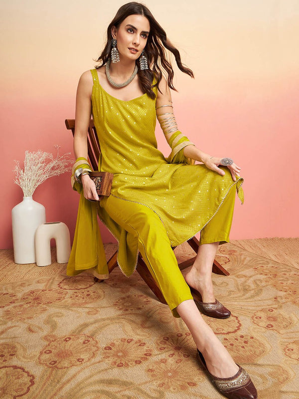 Printed Shoulder Strap Gotta Patti Kurta With Trousers & Dupatta