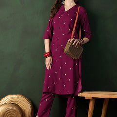Burgundy Floral Printed V-Neck Straight Kurta With Trousers