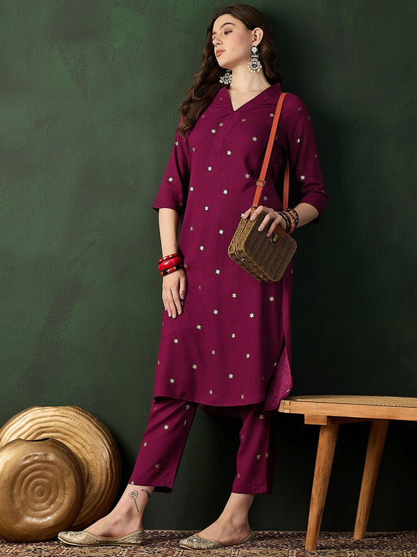 Burgundy Floral Printed V-Neck Straight Kurta With Trousers