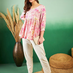 Floral-Printed Pleated Round Neck Kurti