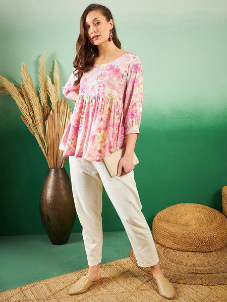 Floral-Printed Pleated Round Neck Kurti