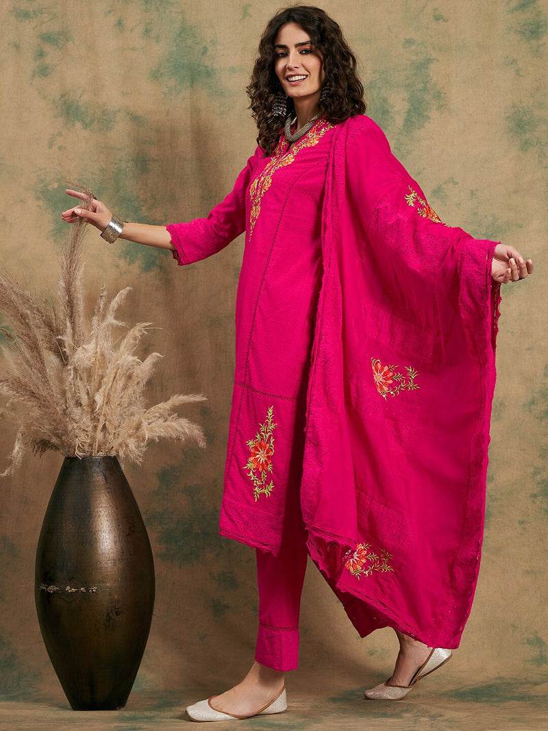 Pink Woven Design Thread Work Detail Pure Cotton Kurta & Trouser With Dupatta