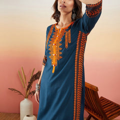 Navy Blue Ethnic Motifs Embroidered Thread Work Straight Kurta