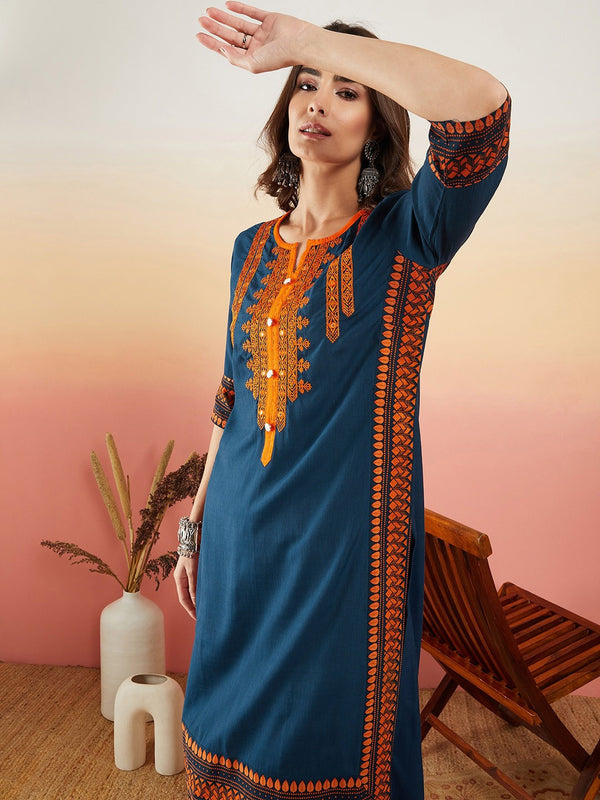 Navy Blue Ethnic Motifs Embroidered Thread Work Straight Kurta