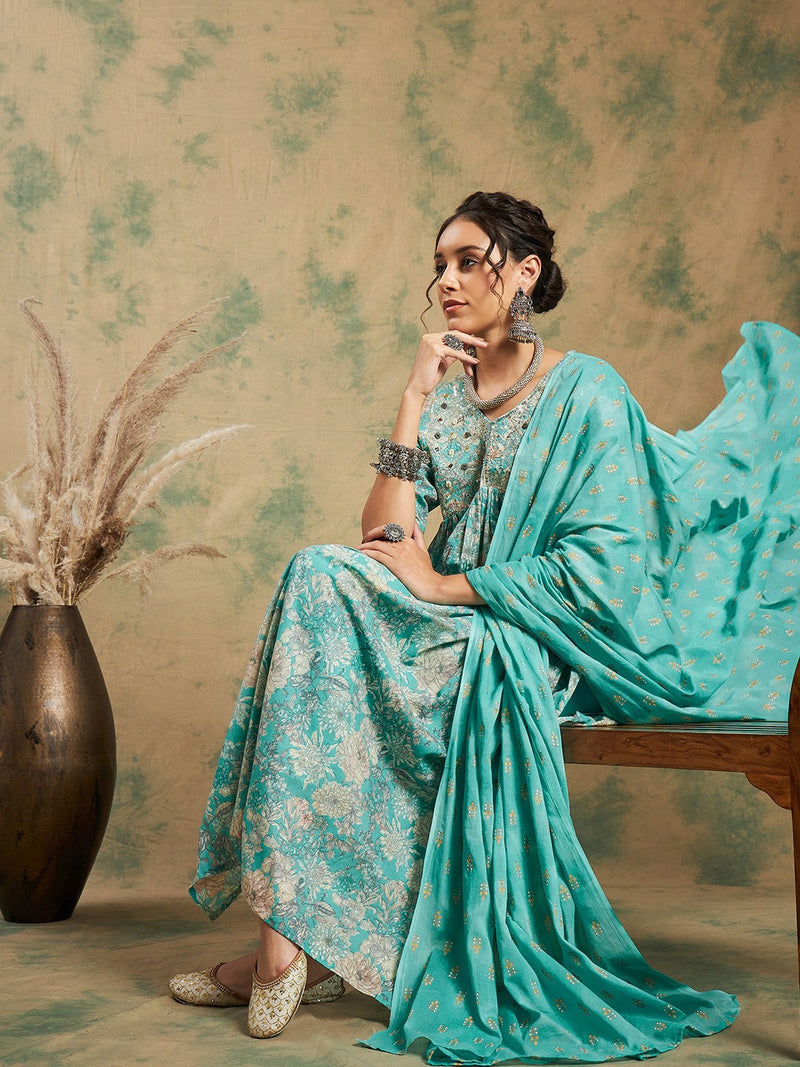 Floral Printed Thread Work Pure Cotton A-Line Kurta & Trousers With Dupatta