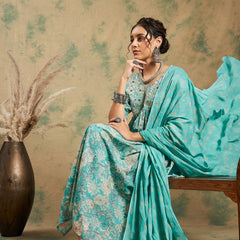 Floral Printed Thread Work Pure Cotton A-Line Kurta & Trousers With Dupatta
