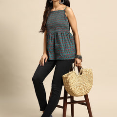Floral Printed Smocked Cotton A-Line Top