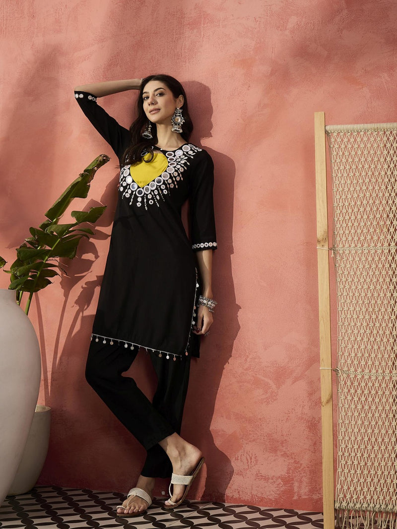 Black And White Mirror Work Round Neck Tunic With Trousers
