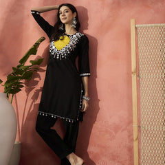 Black And White Mirror Work Round Neck Tunic With Trousers
