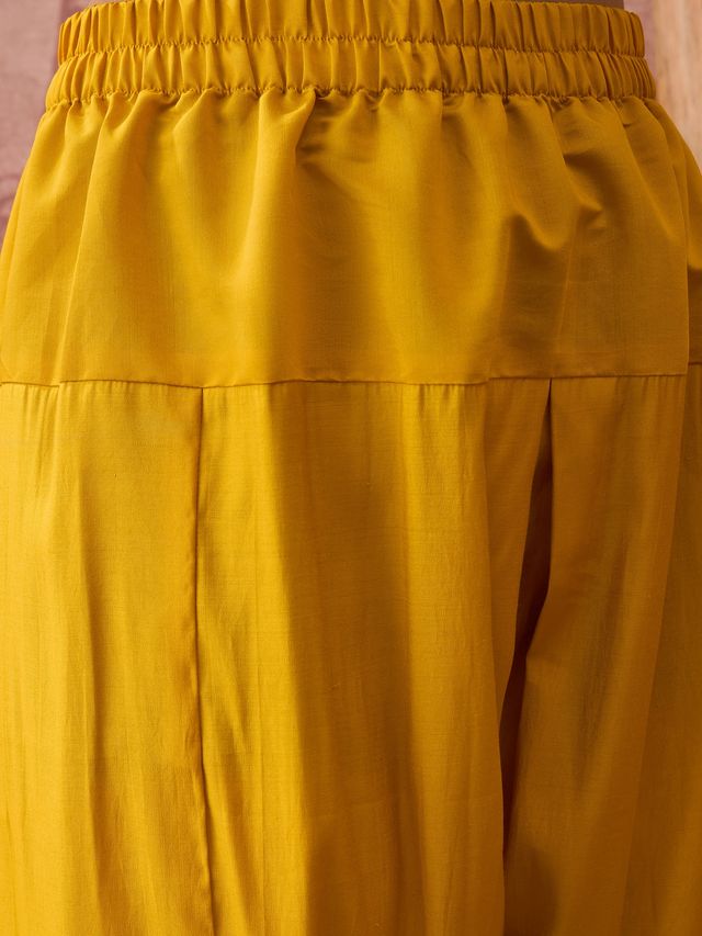 Mustard Ethnic Motif Embroidered Straight Kurta With Trouser & Dupatta Kurta Set