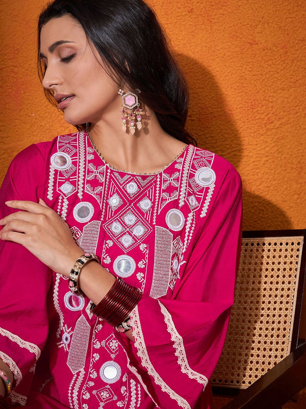 Floral Embroidered Regular Mirror Work A-Line Kurta with Palazzo