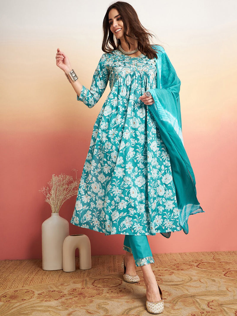 Floral Printed Thread Work Pure Cotton A-Line Kurta & Trousers With Dupatta