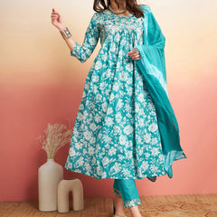 Floral Printed Thread Work Pure Cotton A-Line Kurta & Trousers With Dupatta