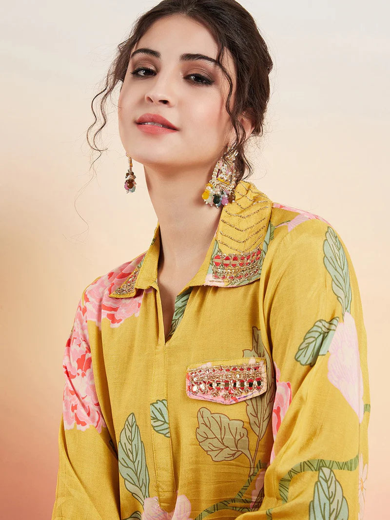 Floral Printed Shirt Collar Mirror Work Pathani Kurta & Trousers