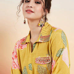 Floral Printed Shirt Collar Mirror Work Pathani Kurta & Trousers