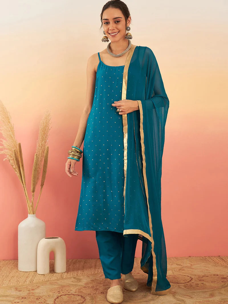 Embroidered Shoulder Straps Straight Kurta With Trousers & Dupatta
