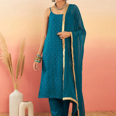 Embroidered Shoulder Straps Straight Kurta With Trousers & Dupatta