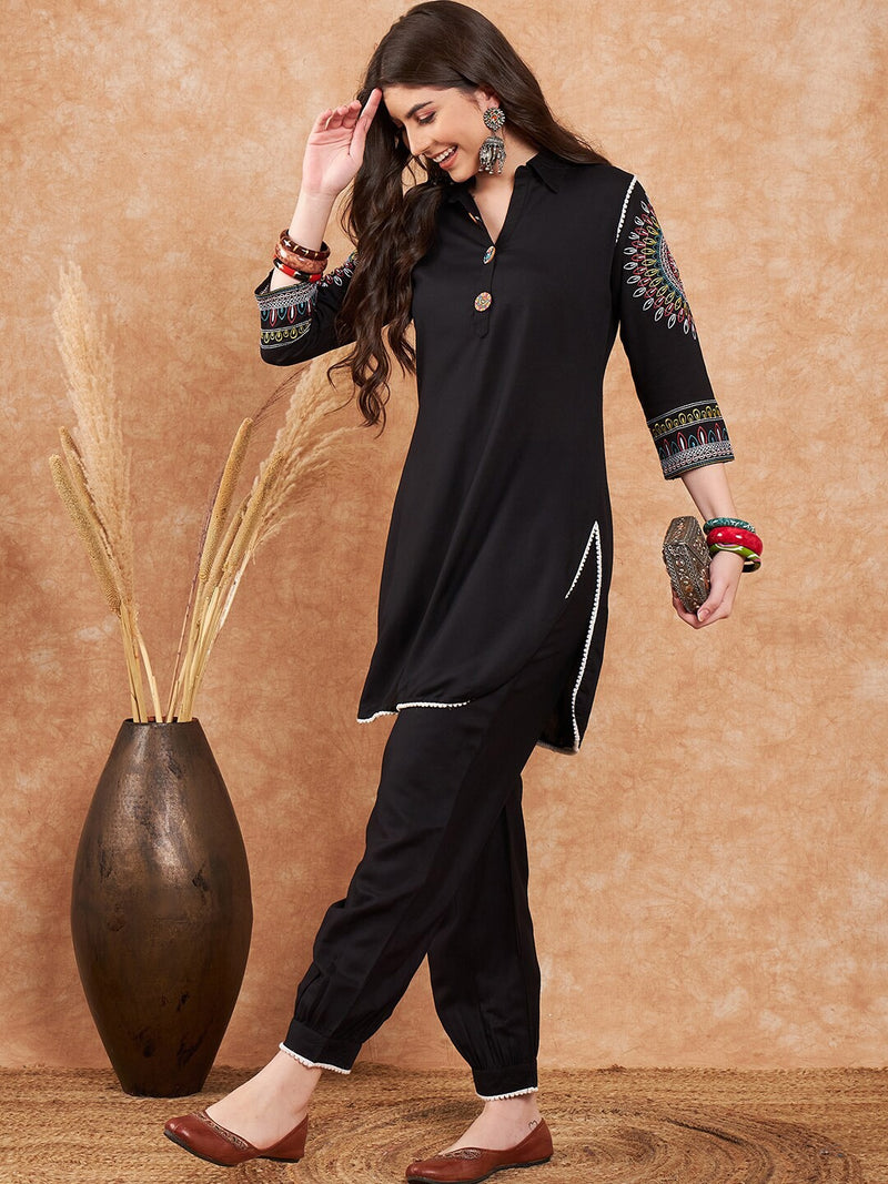Black Ethnic Motifs Embroidered Pathani Kurta With Salwar
