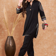 Black Ethnic Motifs Embroidered Pathani Kurta With Salwar