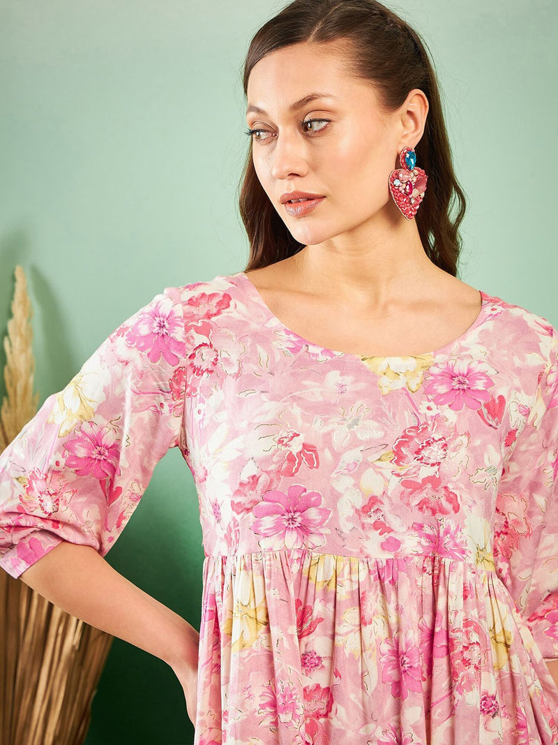 Floral-Printed Pleated Round Neck Kurti
