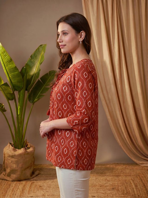 Rust Folka Dots Print Straight Kurtis