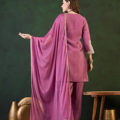 Purple Embroidered Mirror Work Round Neck Kurta With Dhoti Pants And Dupatta