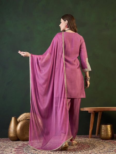Purple Embroidered Mirror Work Round Neck Kurta With Dhoti Pants And Dupatta
