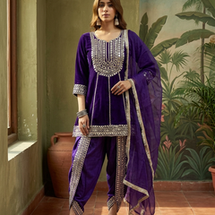Purple Floral Embroidered & Sequinned A-Line Kurta With Dhoti Pant & Dupatta Kurta Set
