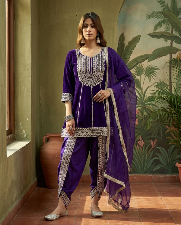 Purple Floral Embroidered & Sequinned A-Line Kurta With Dhoti Pant & Dupatta Kurta Set