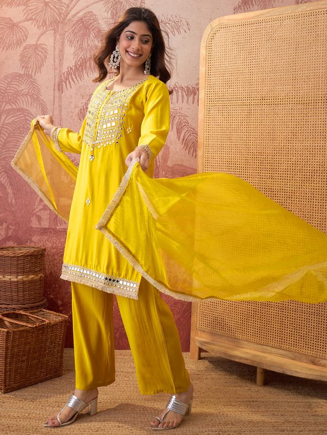 Floral Embroidered & Sequinned Straight Kurta With Trouser & Dupatta Kurta Set