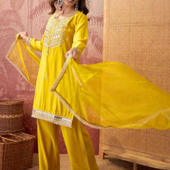 Floral Embroidered & Sequinned Straight Kurta With Trouser & Dupatta Kurta Set
