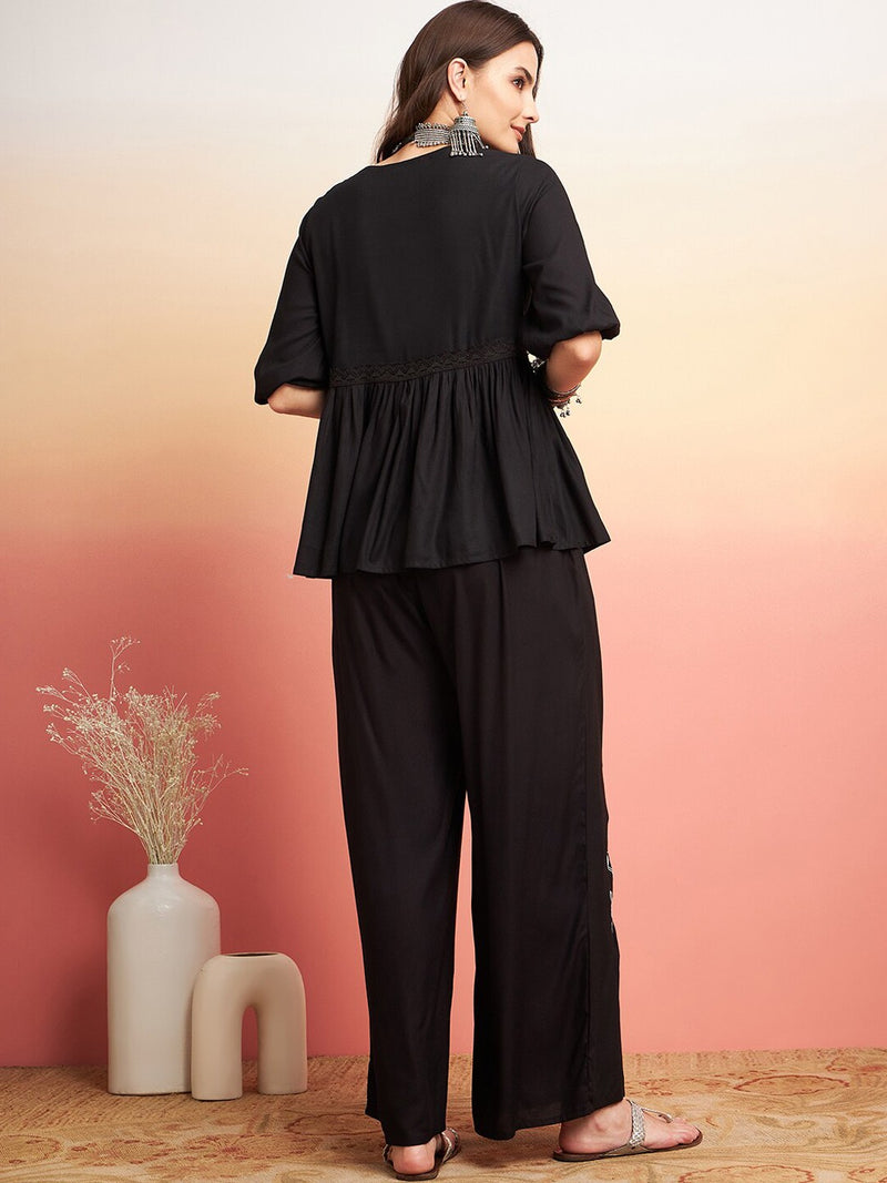 Embellished Lace Up Detail Top & Palazzo Co-Ords Set