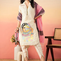Off White Ethnic Motifs Self Design Thread Work Pure Cotton Kurta Set