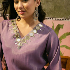 Purple Embroidered & Mirror Work Straight Tunic  With Trousers Co-Ords Set