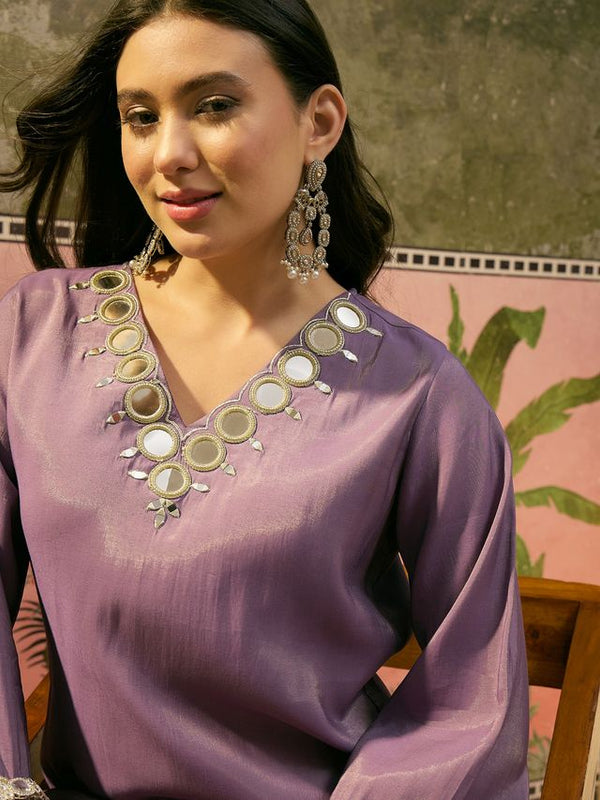 Purple Embroidered & Mirror Work Straight Tunic  With Trousers Co-Ords Set