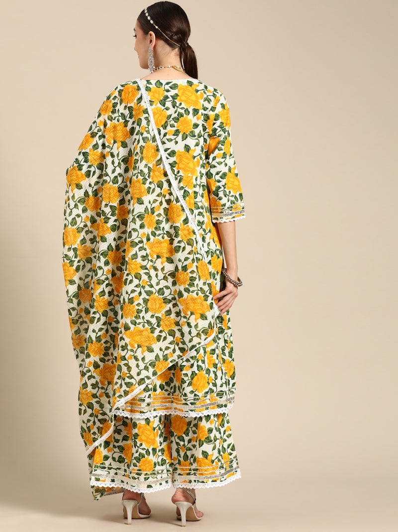 Women Yellow Floral Printed Lace Inserts Pure Cotton Kurta with Sharara & Dupatta