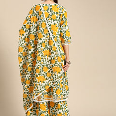 Women Yellow Floral Printed Lace Inserts Pure Cotton Kurta with Sharara & Dupatta