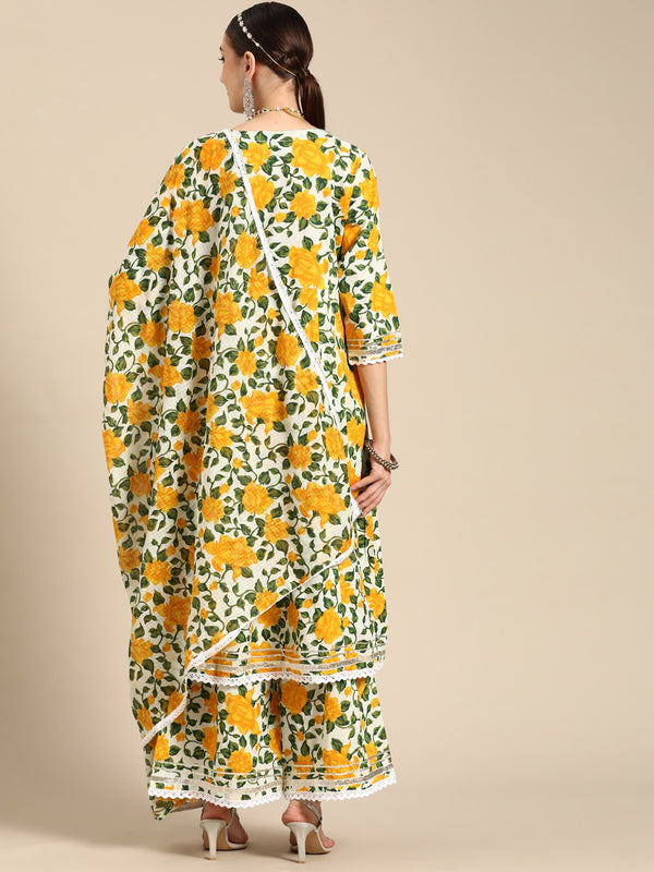 Women Yellow Floral Printed Lace Inserts Pure Cotton Kurta with Sharara & Dupatta