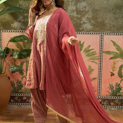 Ethnic Motif Print & Gota Work A-Line Kurta With Farsi Salwar & Dupatta Kurta Set