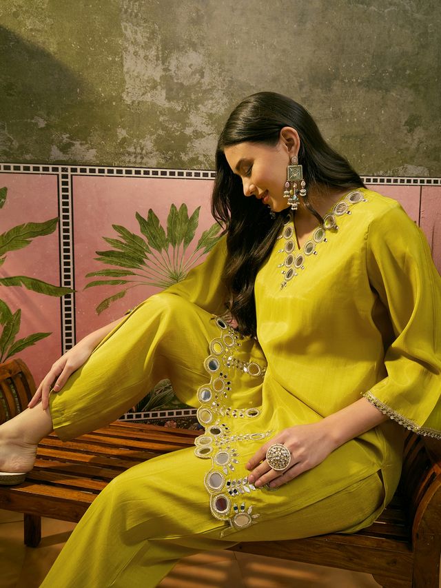 Purple Embroidered & Mirror Work Straight Tunic  With Trousers Co-Ords Set