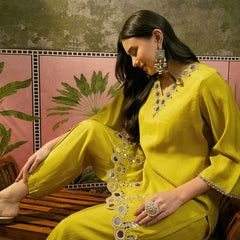 Purple Embroidered & Mirror Work Straight Tunic  With Trousers Co-Ords Set