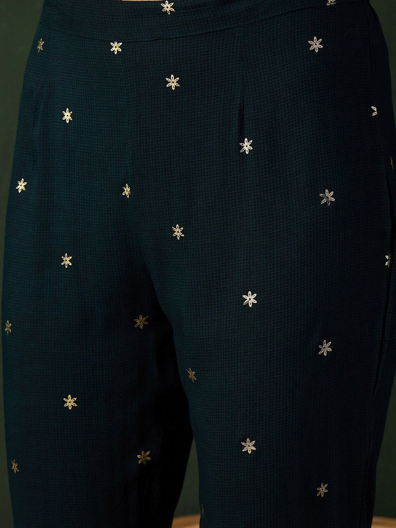 Teal Green Floral Printed V-Neck Straight Kurta With Trousers
